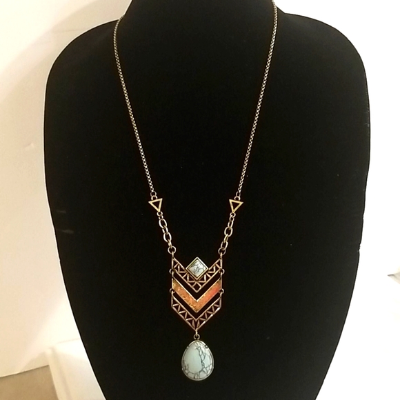 CHEVRON Goldtone Necklace Cracked Turquoise Pendan - Picture 1 of 6